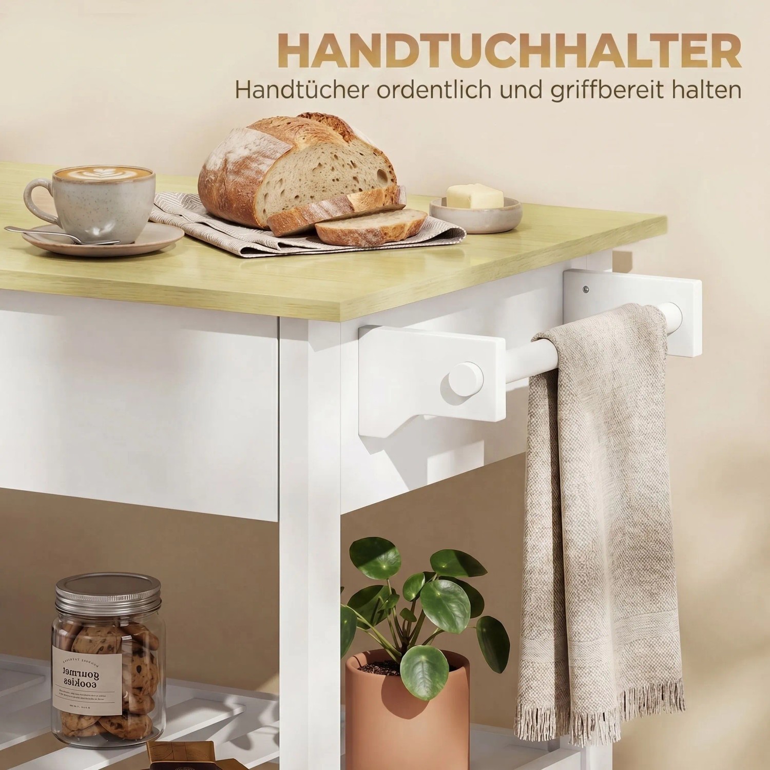 Weißer HOMCOM Küchenwagen mit Holz-Arbeitsplatte, Handtuchhalter und Tuch. Bietet Stauraum und Arbeitsfläche für die Küche.