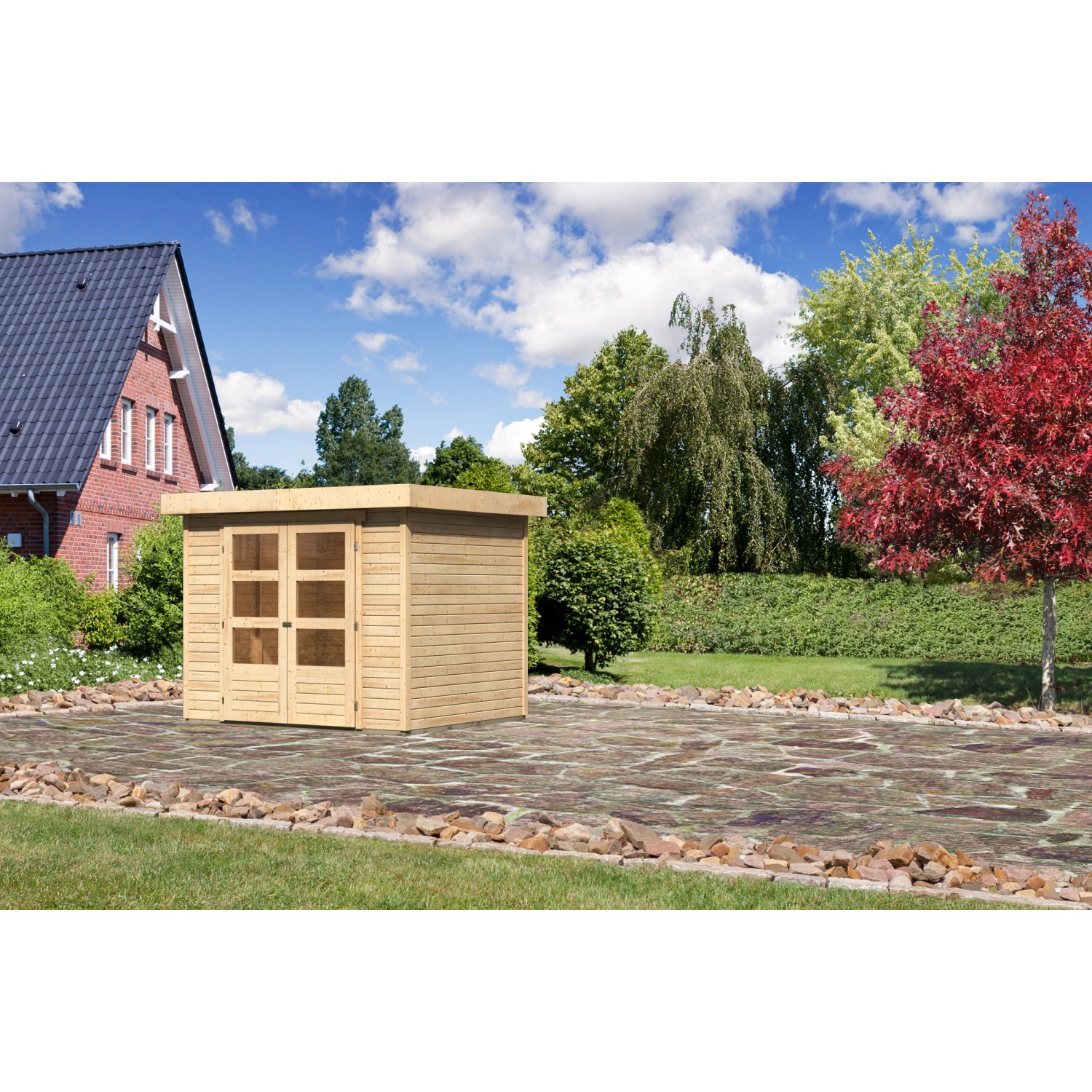 Karibu Express Gartenhaus Speedy B, naturbelassen, 242x217 cm, mit Doppeltür im Garten.