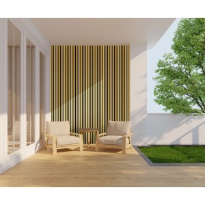 Goldene FN Acustico Akustikpaneele aus Aluminium an einer Wand im Außenbereich mit Sitzbereich.