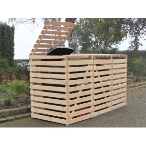 Mülltonnenbox Vario V für 3 Tonnen, aus Kiefernholz, naturbelassen. Mit geöffnetem Deckel.