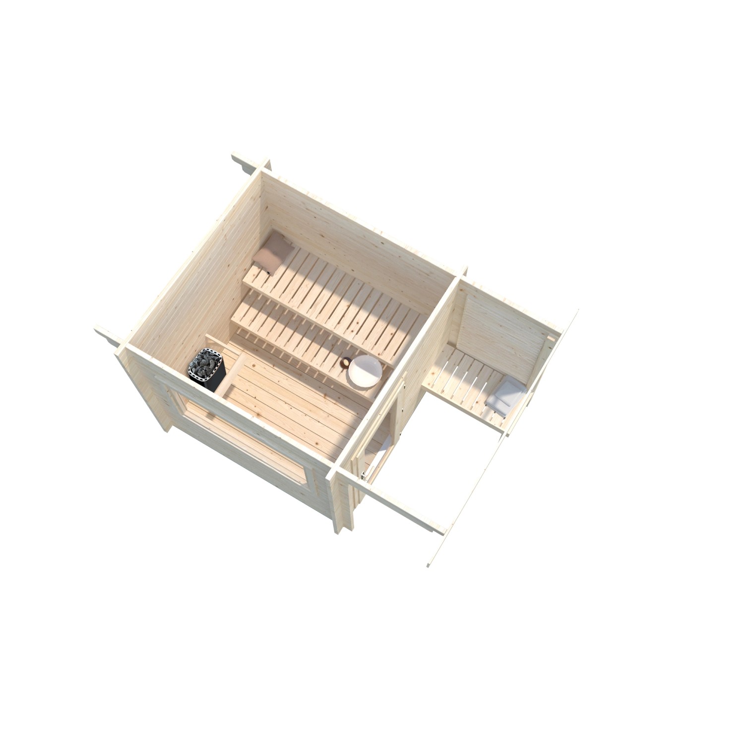 Palmako Sauna Sanna, 210x210 cm, hellgrau-anthrazit, Innenansicht mit Bänken und Ofen.