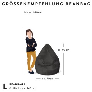 Größenempfehlung: Blauer Sitting Point Sitzsack Easy (120 l) für Kinder bis 140 cm Körpergröße.