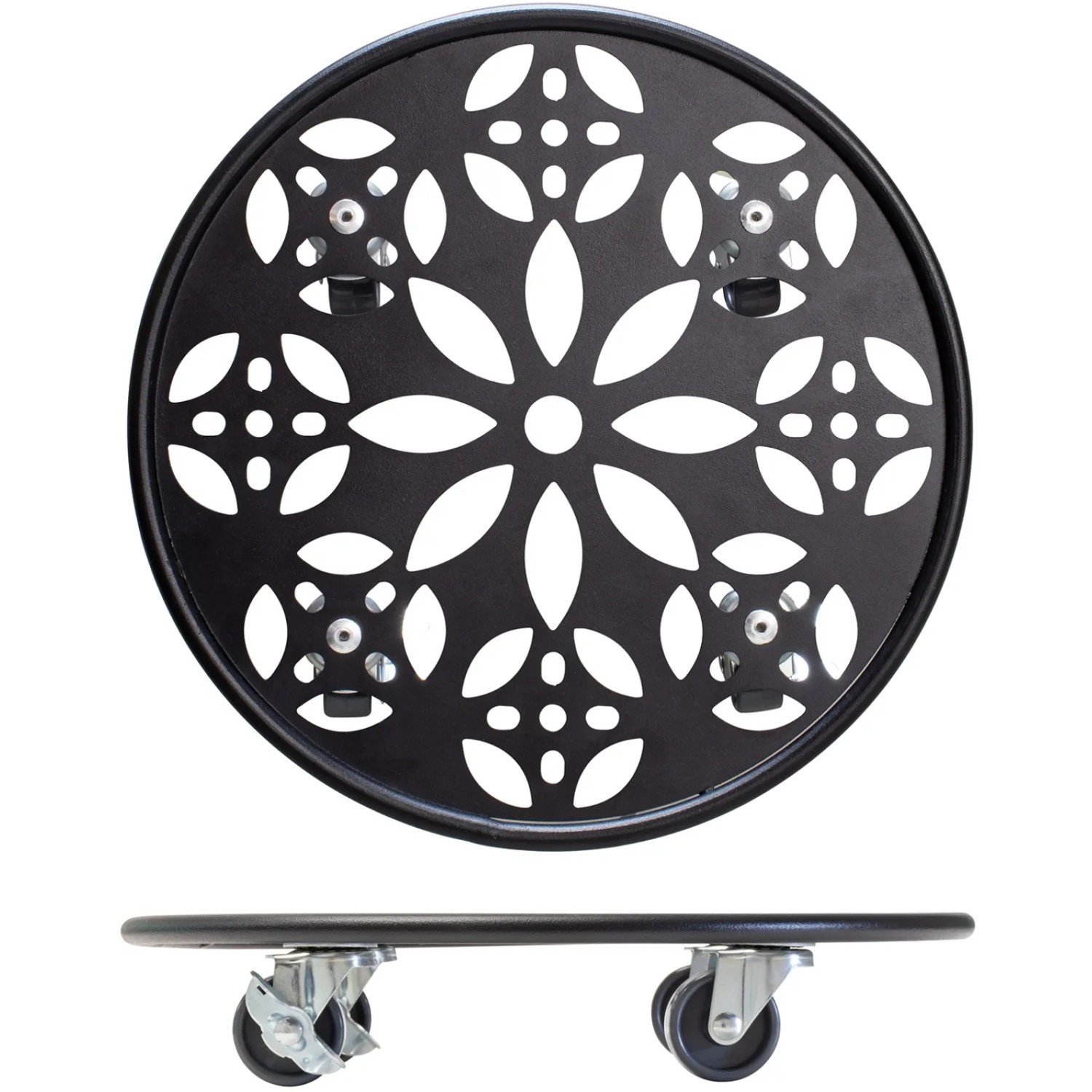 Schwarzer Wagner Pflanzenroller GH 0936 mit Mandala-Muster, Ø 30 cm, mit Rollen.