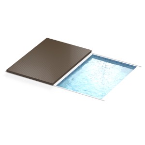Alu Dibond Streifen für Poolabdeckung, teilweise geschlossen, braune Terrassendielen