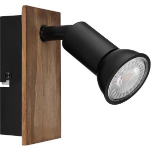 Globo Strahler Drew, 1-flammig, dunkelbraunes Holz, schwarzes Metall, moderner Spot für GU10 Leuchtmittel.