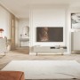 Modernes Selsey Sideboard Veldio 140 cm in Greige mit 3 Schubladen und eleganten goldenen Beinen, ideal für Wohnzimmer.