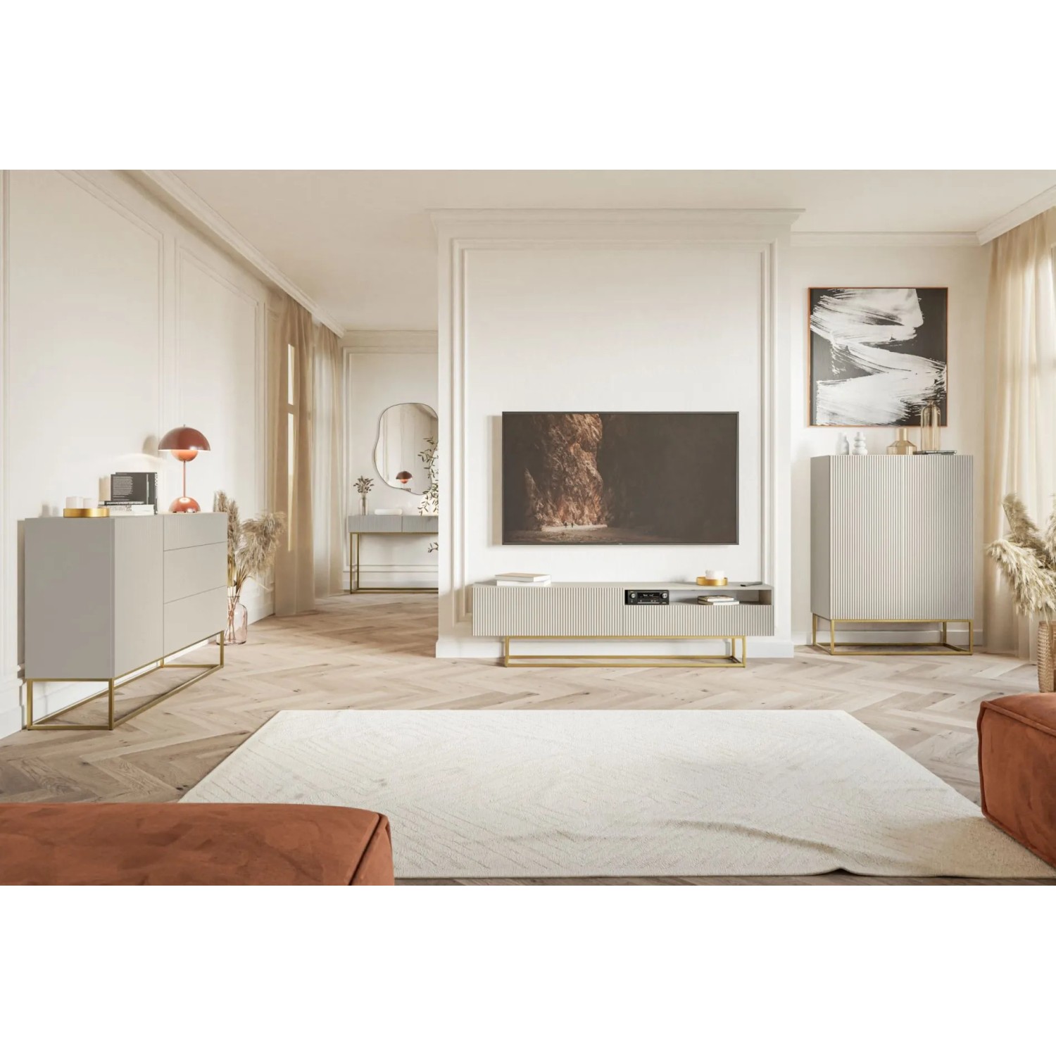 Modernes Selsey Sideboard Veldio 140 cm in Greige mit 3 Schubladen und eleganten goldenen Beinen, ideal für Wohnzimmer.