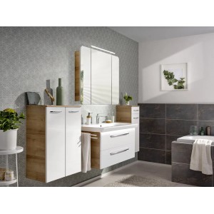 Fackelmann Waschbeckenunterschrank Milano Asteiche 100 cm mit zwei Schubladen und weißen Fronten.