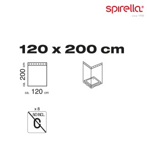 Spirella Duschvorhang Primo, 120x200 cm, dunkelgrün. Schematische Darstellung von Abmessungen und Anbringung.