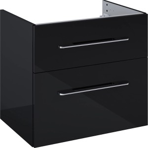 Schwarzer Waschbeckenunterschrank Madrid, 60 cm breit, mit zwei Schubladen und verchromten Griffen.