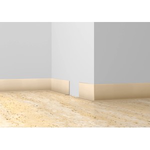 Esche graue, selbstklebende Knickwinkel Sockelleiste (48x13mm, 10m) an Wand und Ecke.