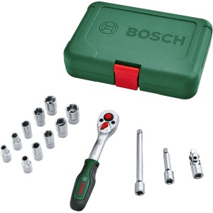 Bosch Steckschlüsselsatz, 14-teilig, mit Ratsche und grüner Aufbewahrungsbox.
