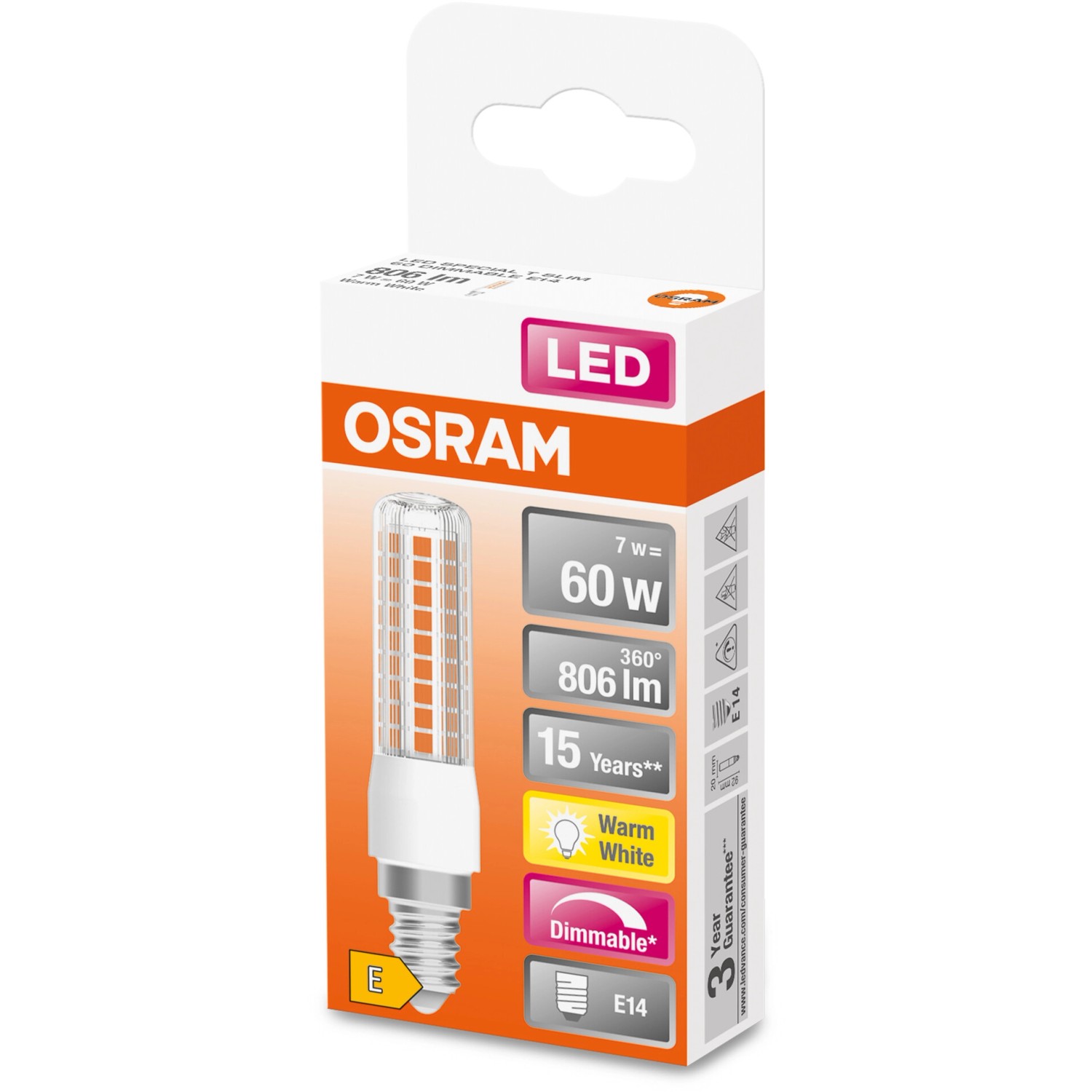 Osram LED-Lampe E14, 7,5W, dimmbar, warmweiß, in Verpackung. Klar, T-Form.