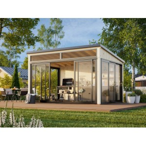 Palmako Holz-Gartenhaus mit Pultdach, 420x297 cm, 11,6 m², tauchgrundiert, mit Schiebetüren und Terrasse.