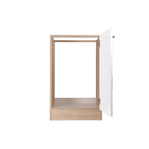 Respekta Spülenunterschrank Merle, 50 cm, Weiß, mit offener Tür und Eiche Sägerau Korpus.