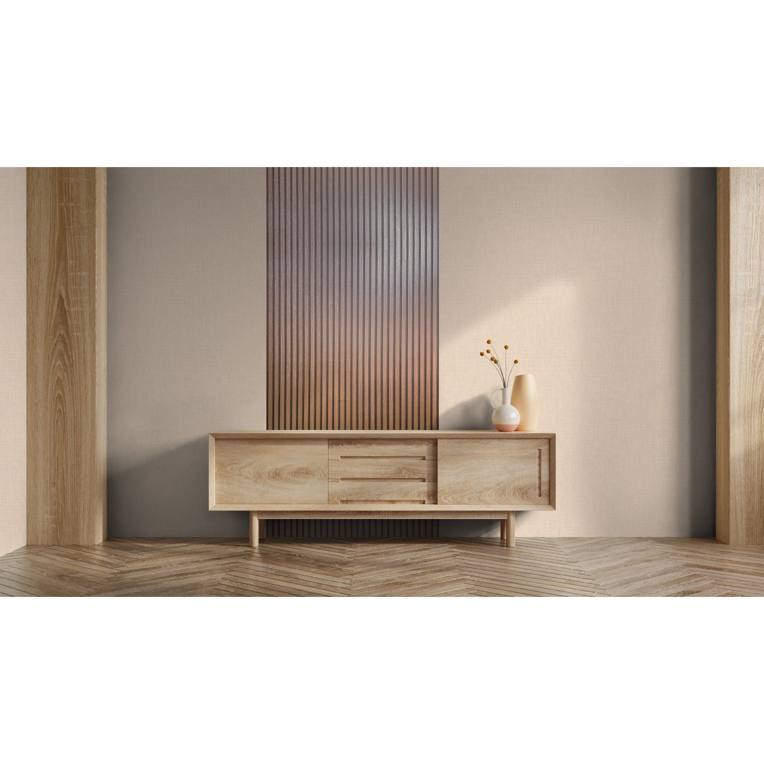 Marburg Vliestapete Akustikpaneel in Kupfer-Metalloptik im Wohnraum.