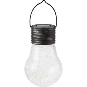 Schwarze Solar-Hängeleuchte in Glühbirnenform mit warmweißen LEDs für den Garten.