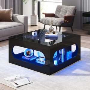 okwish Couchtisch mit Glasplatte LED Ausgehöhlt MDF 70x70x35cm Schwarz