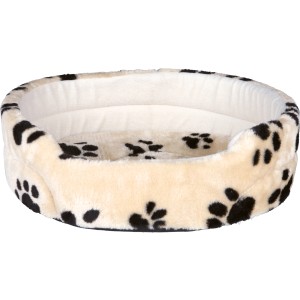 Beiges Jollypaw Hundebett Jolyon (43x38cm) mit schwarzen Pfoten-Abdrücken.