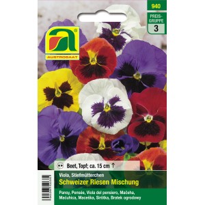 Austrosaat Stiefmütterchen Schweizer Riesen Mischung mit mehrfarbigen Blüten.