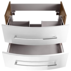 Fackelmann Waschtischunterschrank Verona, 80 cm, Nussbaum/Weiß Hochglanz mit zwei offenen Schubladen.