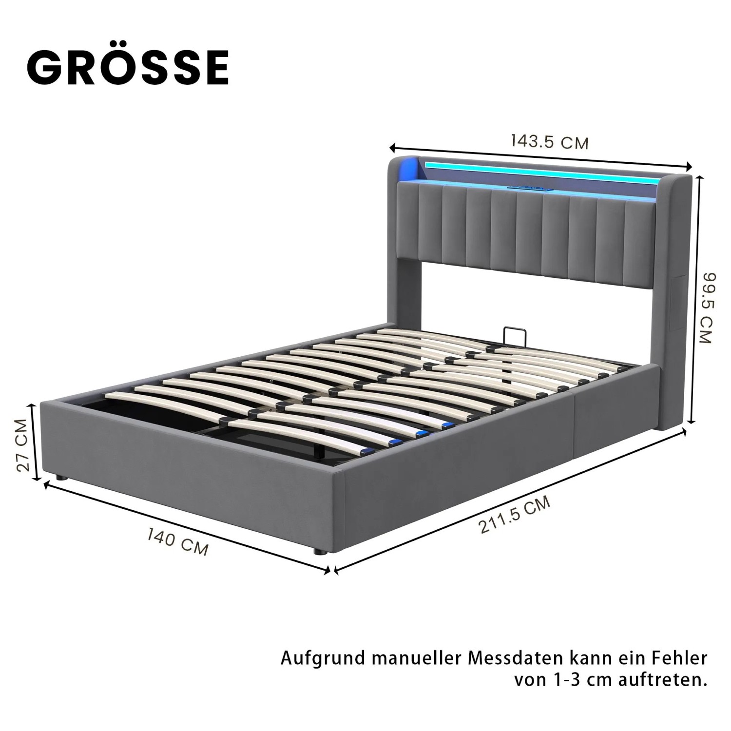 okwish Polsterbett mit Bettkasten LED-Licht Jugendzimmer 140x190cm Grau_4
