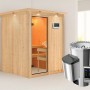 Karibu Sauna mit Ofen und LED-Dachkranz aus naturbelassener Fichte.