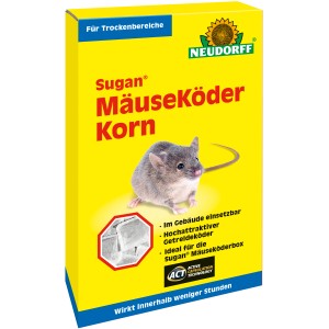 Neudorff Sugan Mäuseköder Korn 120g: Gelbe Packung mit Mäuse-Abbildung und Portionsbeuteln.