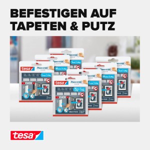 Mehrere Packungen Tesa Powerstrips Click Klebenägel in S, M, L. Sichere, rückstandsfreie Befestigung von Bildern auf Tapeten & Putz.