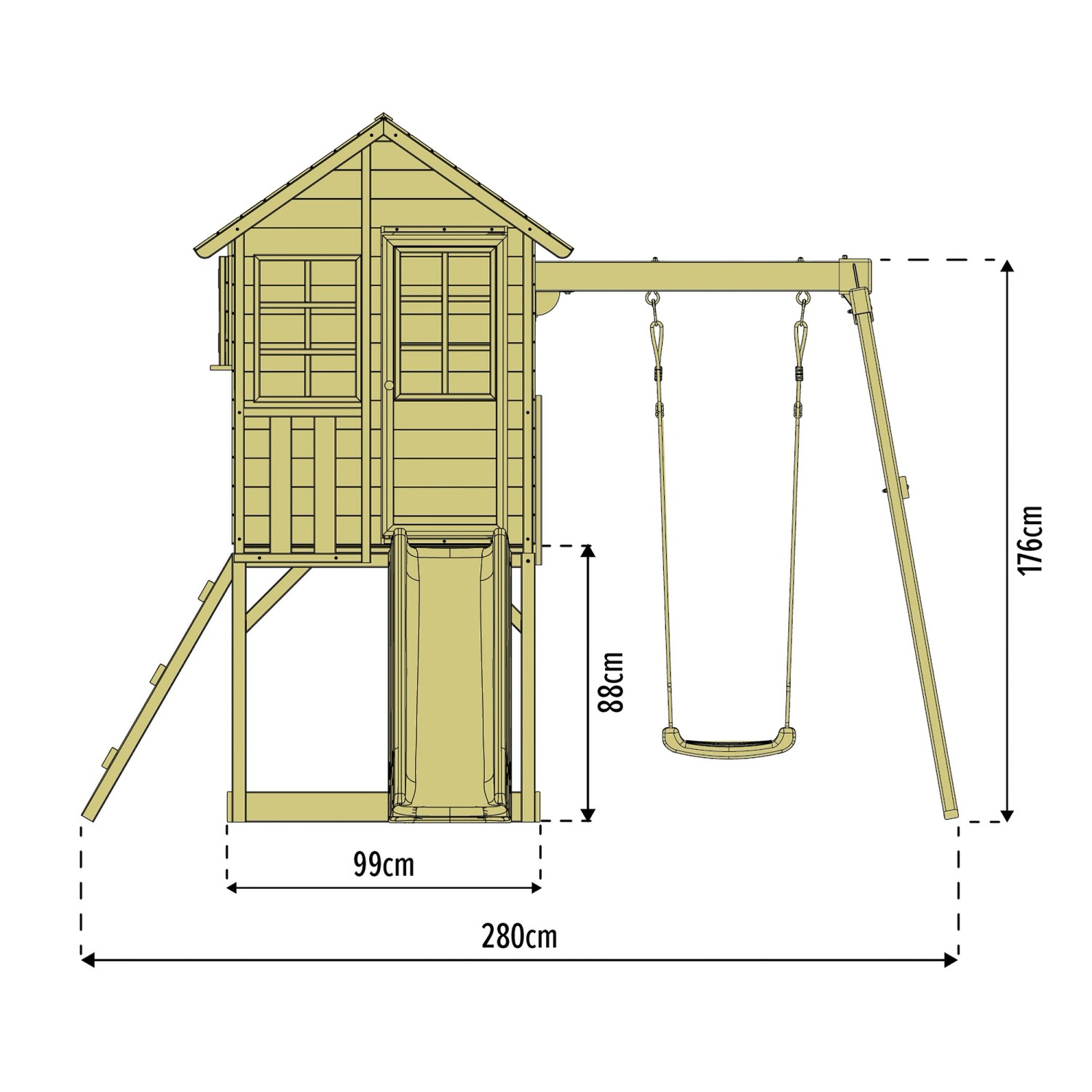 Zwerkules Spielhaus Lolla mit Rutsche und Schaukel, Maße 352x280x224 cm, aus FSC®-zertifiziertem Holz.