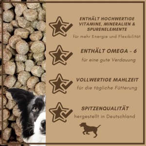 Supravit Hundetrockenfutter mit Huhn & Mais. Zeigt Futterkroketten, Hundegesicht & Vorteile: Vitamine, Omega-6, Qualität.