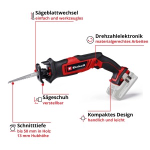 Einhell Akku-Universalsäge TE-AP 18/13 Li-Solo: Kompakte Säbelsäge in Rot/Schwarz für flexible Einsätze.