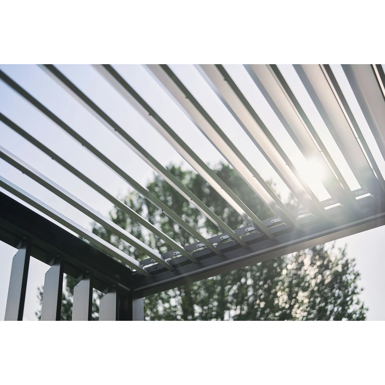 Biohort Pergola in Quarzgrau-Metallic/Silber-Metallic, Lamellen geöffnet, Blick von unten.