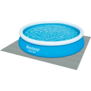 Flowclear Pool-Bodenschutzfliesen-Set, 9 graue Matten unter blauem Pool. Bodenschutz für Aufstellpools.