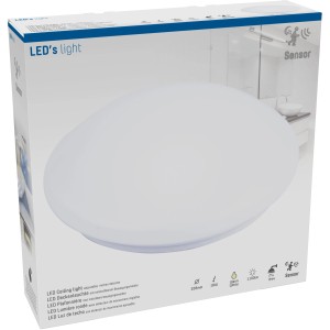 Verpackung einer runden, weißen LED Deckenleuchte mit Sensor, 32,8 cm Durchmesser.
