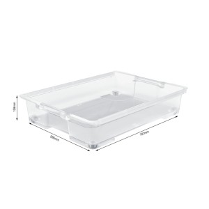 Transparente Rotho Unterbettbox Evo Easy 50l mit Rollen und Griffen für Stauraum. Maße: 787x586x159mm.