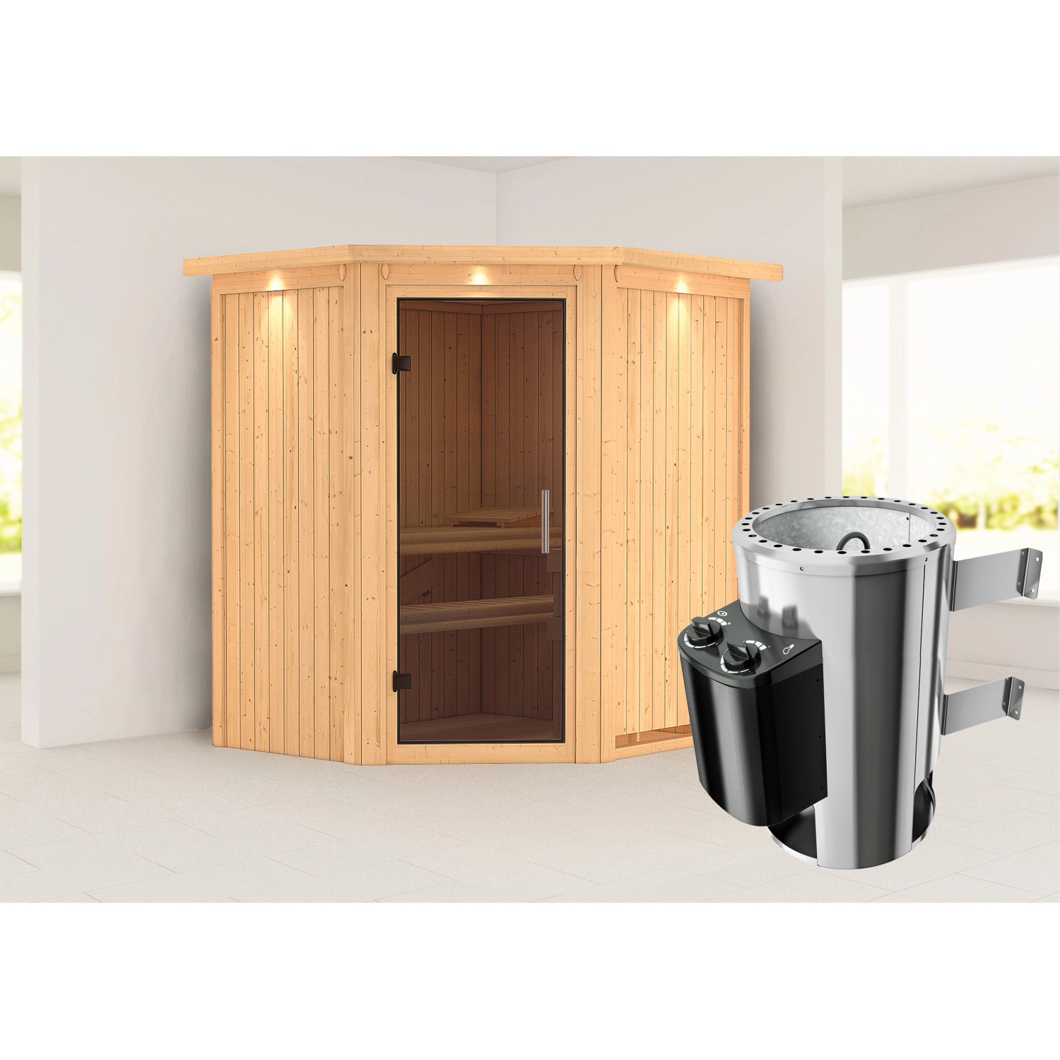 Karibu Sauna Thora mit Ofen und LED-Dachkranz in Natur, mit Glastür und zwei Bänken.