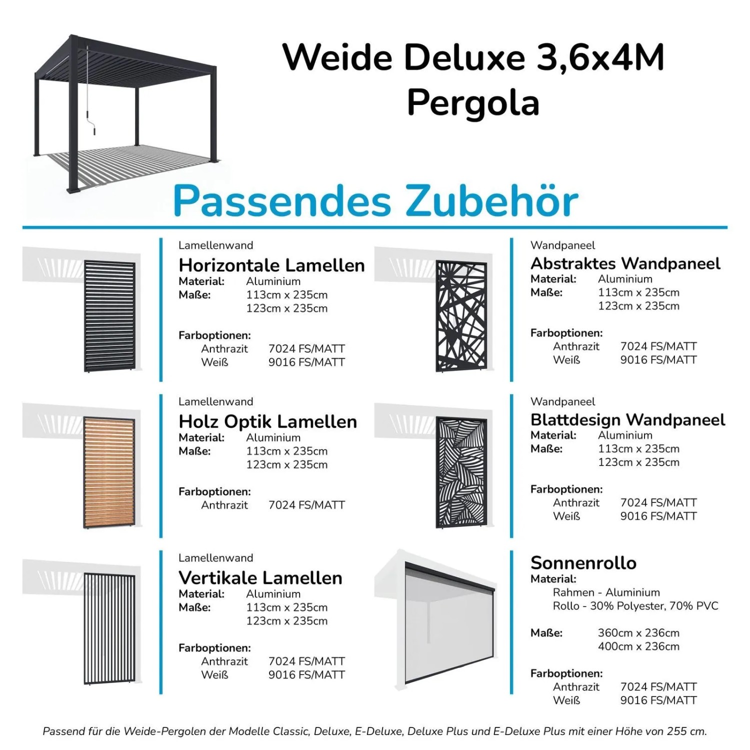 Weide Deluxe Pergola mit Lamellendach und passendem Zubehör: Lamellenwände, Wandpaneele, Sonnenrollo in Anthrazit, Weiß und Holzoptik.