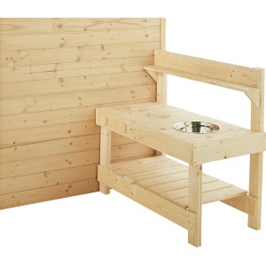 Soulet Kinderspielhaus Blanche: Detailansicht der integrierten Holzküche mit Spülbecken.