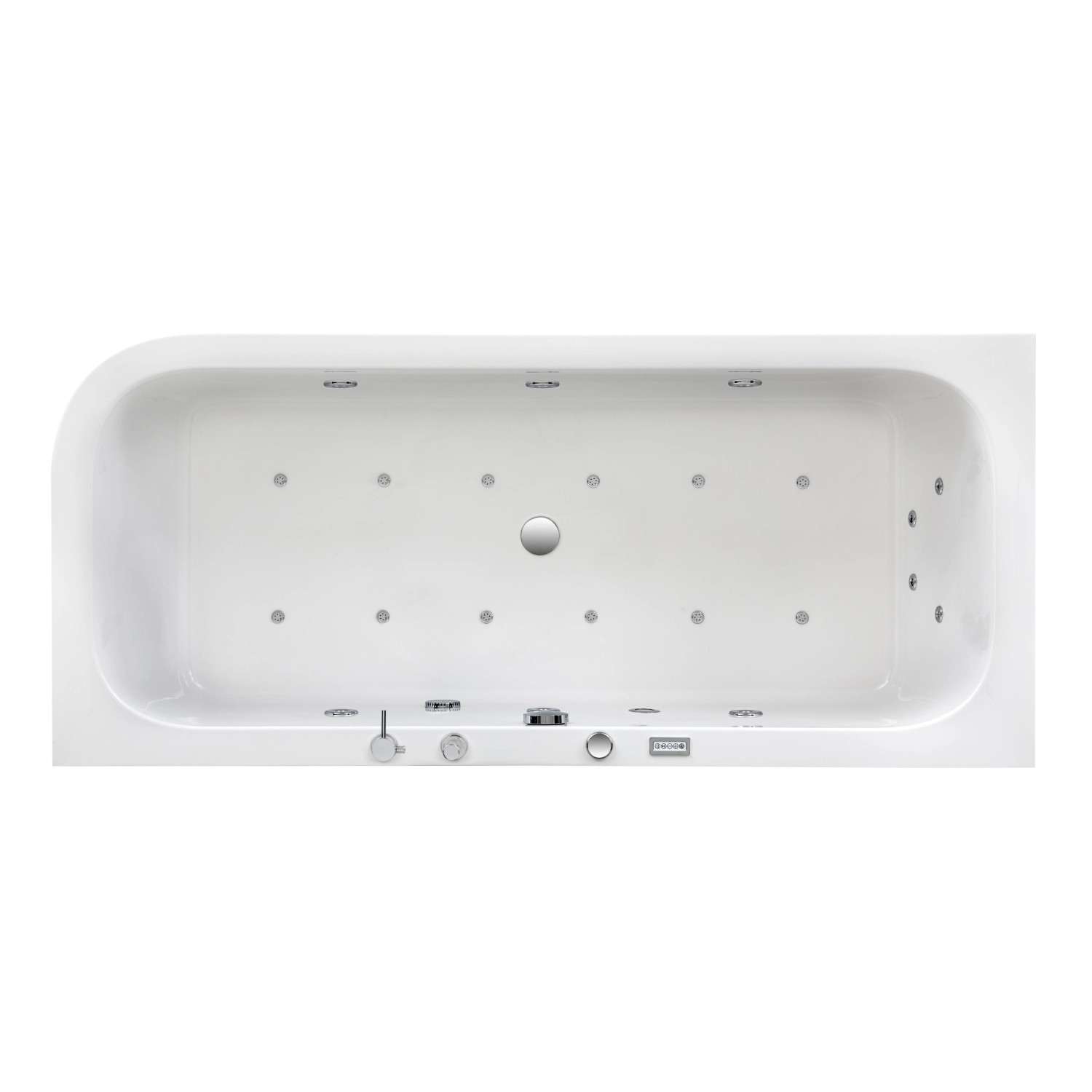 Ottofond Whirlpool-Komplettset Spirit 180x80 cm, weiße Badewanne mit Düsen und Armatur, Aufsicht.