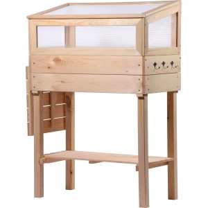 Frühbeet Tisch mit Ablage Größe M aus Holz mit Frühbeetaufsatz und ausklappbarem Tisch.