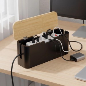 Relaxdays Kabelbox Bambus Natur Schwarz Magnetisch 14,5 cm x 34 cm x 11 cm