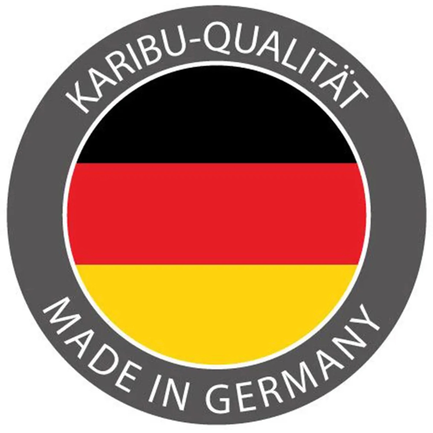 Karibu Sauna: Qualitätssiegel Made in Germany mit Deutschlandflagge.