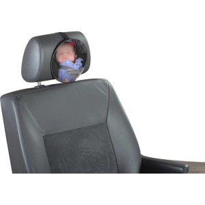 Schwarzer Safety View Sicherheitsspiegel am Autositz mit Baby im Blickfeld.