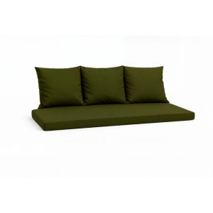 Grünes Bankkissen-Set für 3-Sitzer Gartenbank, bestehend aus Sitzkissen und drei Rückenkissen.
