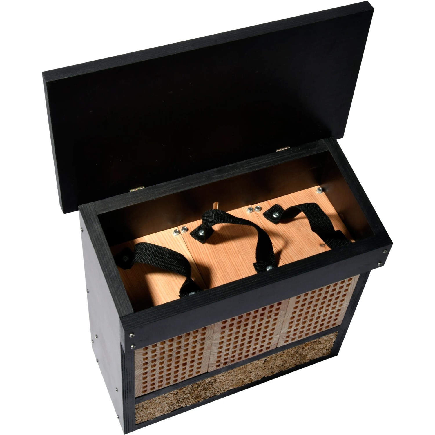 Offenes Profi-Insektenhotel XL mit Lärchen-Nistblöcken, schwarzes Holzgehäuse. Nützlingshotel für den Garten.