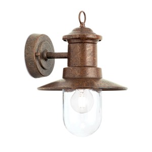 Vintage-braune Außenwandleuchte aus patiniertem Stahl mit klarem Glasschirm, E27 Fassung, IP44 Schutz.
