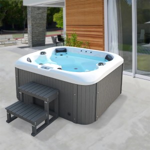 Home Deluxe Outdoor Whirlpool Sea Star Plus, dunkelgrau-weiß, mit Treppe und Abdeckung.