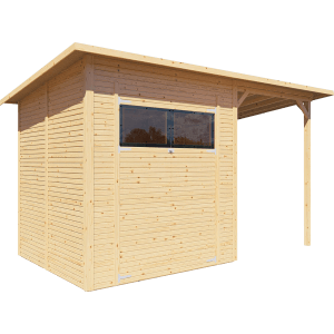 Bertilo Gerätehaus Pent Modern 3 Plus aus Holz, naturbelassen mit Anbau.
