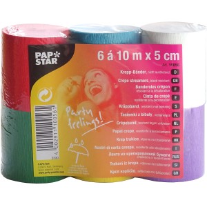 Krepp-Bänder, 6 Rollen farbig sortiert, 10 m x 5 cm, wasserfest, ideal für Dekorationen.